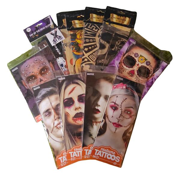 Lot of 11 Temporary Tattoos -4 Sleeves, 1 Glove, 6 Face Blood Stitches Halloween - Picture 1 of 8